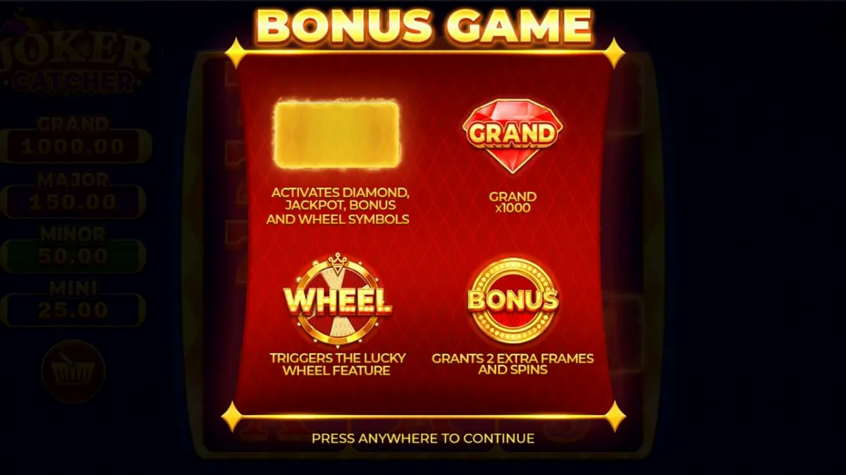 Joker Catcher slot game interface with central locked Joker and dynamic catch frames