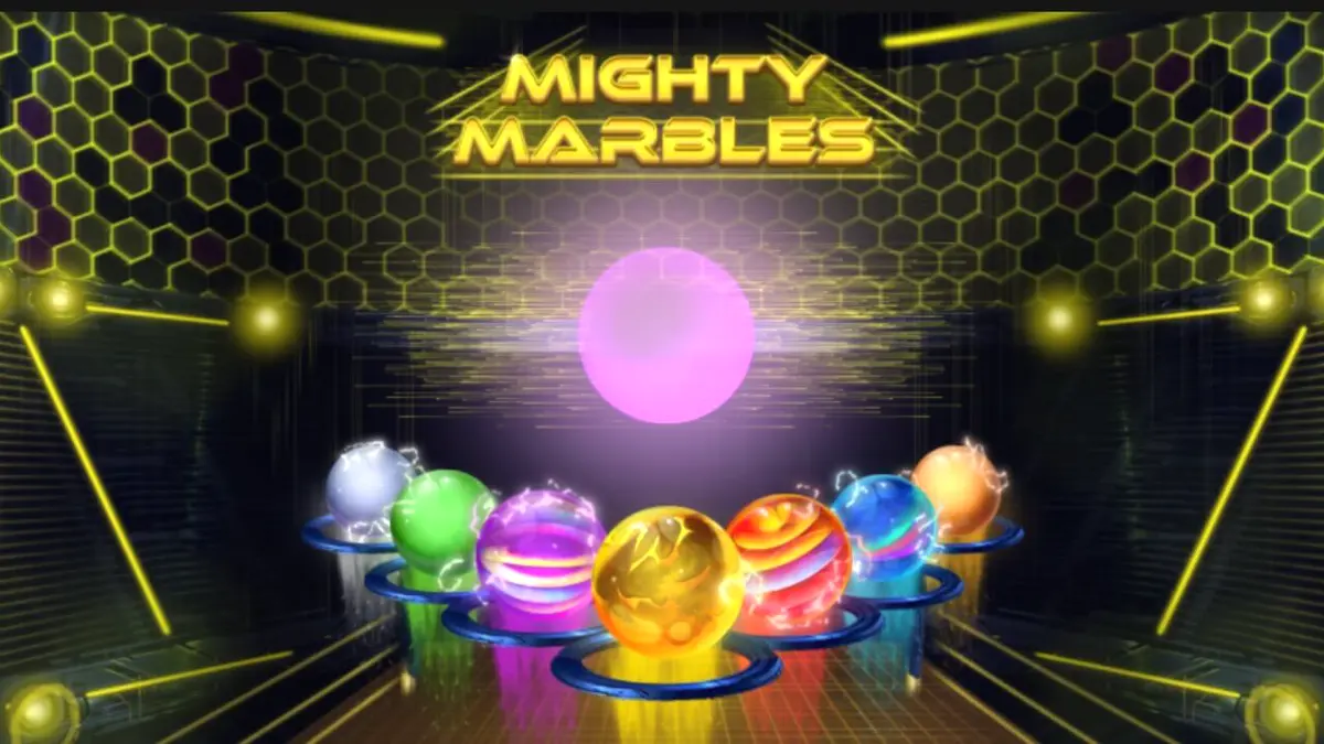 Tampilan visual slot Mighty Marbles dengan tema kelereng neon di luar angkasa