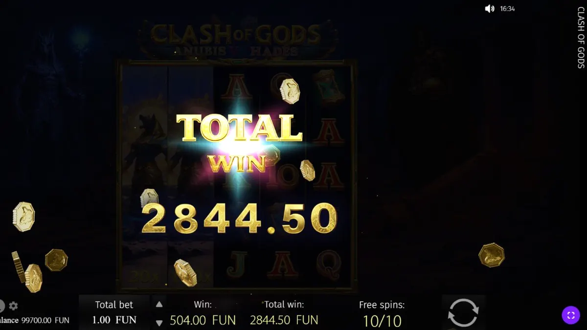 Tampilan visual slot Clash of Gods: Anubis vs Hades dengan latar belakang kuil kuno